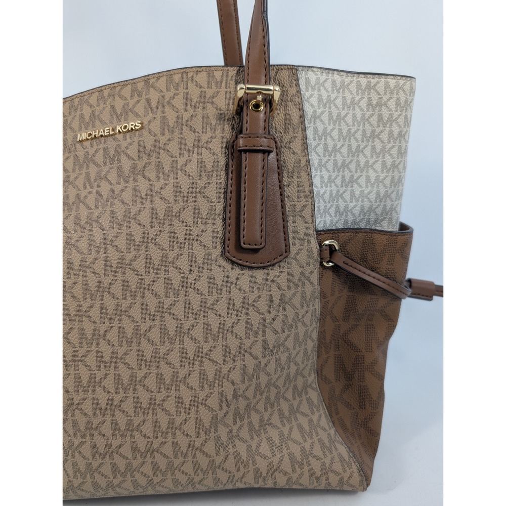 Michael Kors Voyager Tote Bag Brown Vanilla MK Monogram Signature Shoulder Bag - Picture 6 of 8